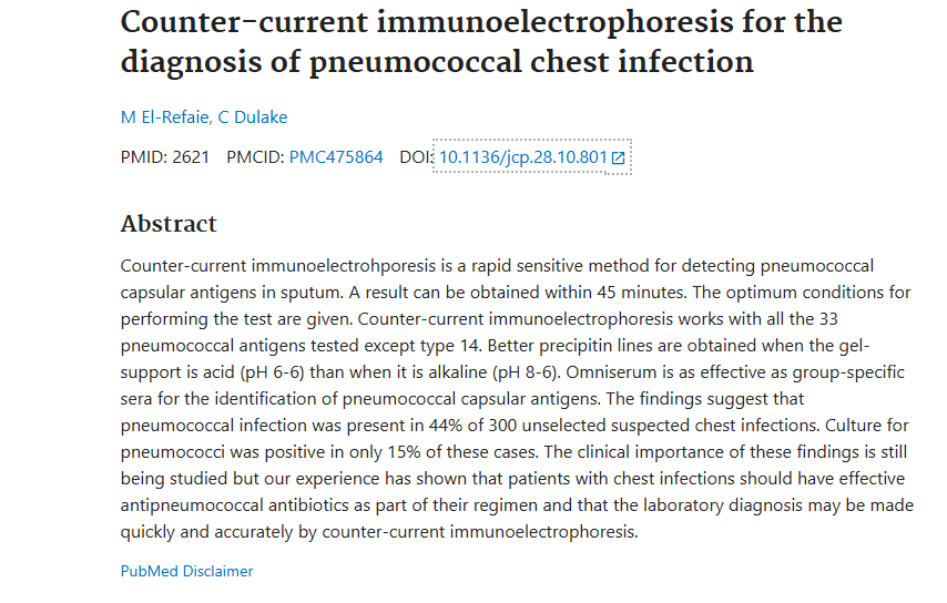 Counter-current immunoelectrophoresis for the diagnosis of pneumococcal chest infection