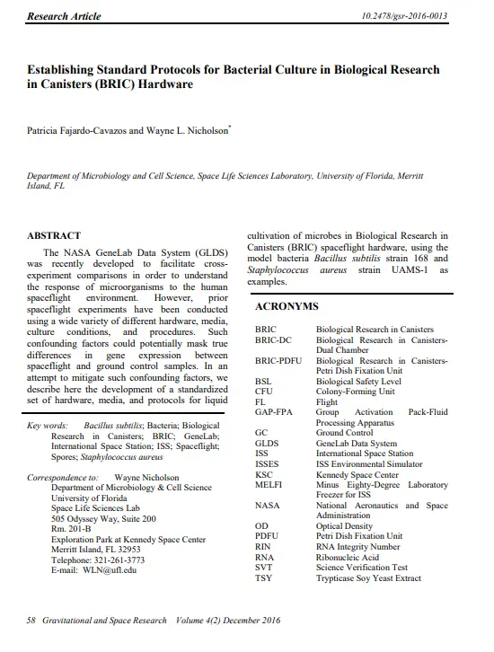 Establishing Standard Protocols for Bacterial Culture in Biological Research in Canisters (BRIC) Hardware